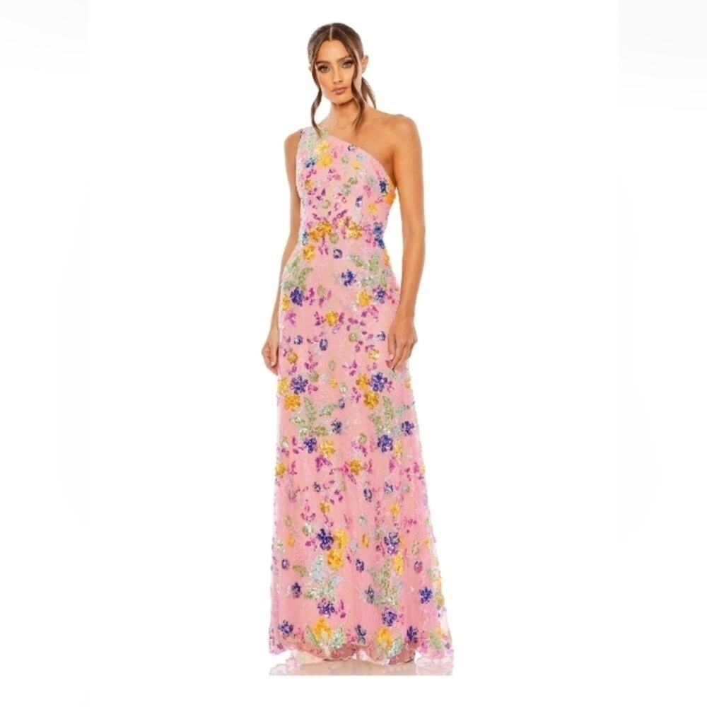 NWT Mac Duggal One Shoulder Floral Sequin Hot Pink Lace Up Gown Size 4